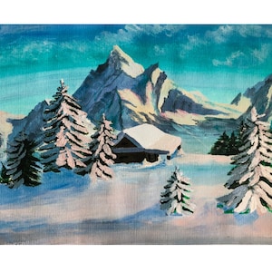May include: A painting of a winter scene with snow-covered mountains and fir trees. A small cabin with a snow-covered roof is in the valley. The sky is a blend of blue and turquoise.