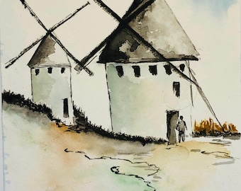 Puede incluir: Pintura acuarela de dos molinos de viento blancos con aspas negras sobre un cielo azul claro. Los molinos de viento están en una colina cubierta de hierba con un pequeño arroyo en primer plano. Una persona camina hacia los molinos de viento.