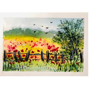 Landschaft Mohnfeld Original Aquarell 13x20cm.