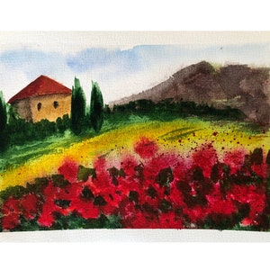 Tuscany Poppies Field Painting Original Watercolor Landscape Artwork 5 by 8 inches.