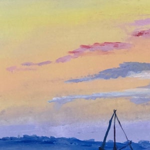 May include: An impressionistic painting of a sunset over the water. The sky transitions from yellow to orange, with pink and white clouds. Silhouettes of sailboats are visible in the foreground, with a dark blue horizon.