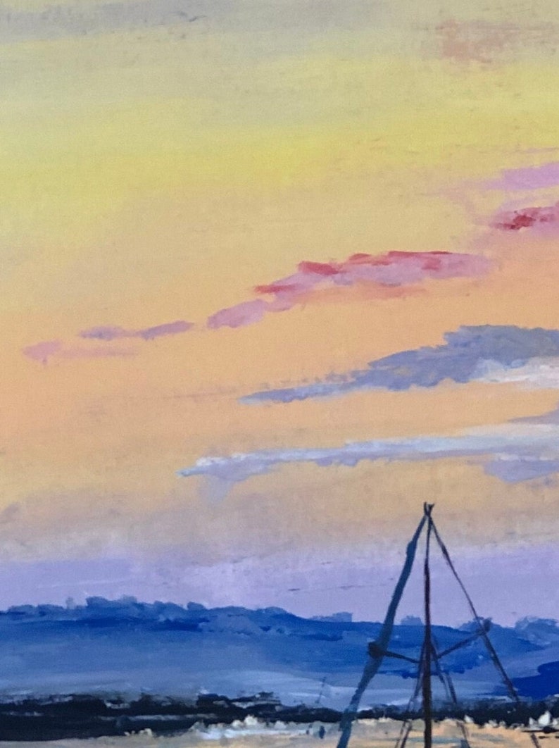 May include: An impressionistic painting of a sunset over the water. The sky transitions from yellow to orange, with pink and white clouds. Silhouettes of sailboats are visible in the foreground, with a dark blue horizon.