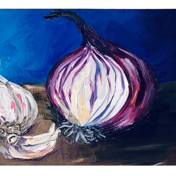 Onion and Garlic Still Life Original Oil Painting Wall Art 6 by 8 inches.