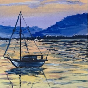 May include: An acrylic painting of a sailboat on the water at sunset. The boat is dark blue with a white sail, and the water reflects the colors of the sky. The sky is a mix of orange, yellow, and blue.