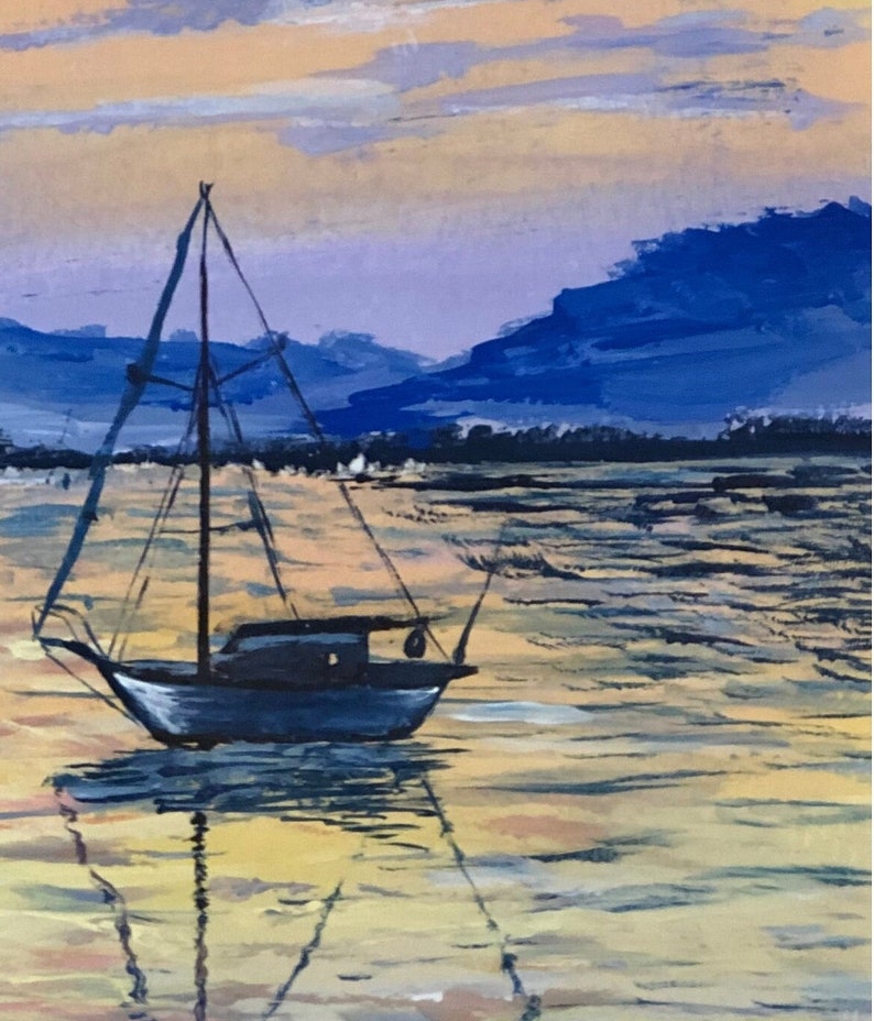 May include: An acrylic painting of a sailboat on the water at sunset. The boat is dark blue with a white sail, and the water reflects the colors of the sky. The sky is a mix of orange, yellow, and blue.