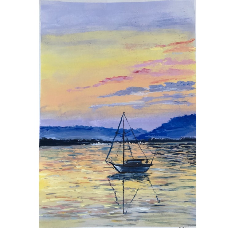 May include: Watercolour painting of a sailboat on calm water at sunset. The sky transitions from yellow to pink and purple, with blue mountains in the background. The boat's reflection is visible in the water.