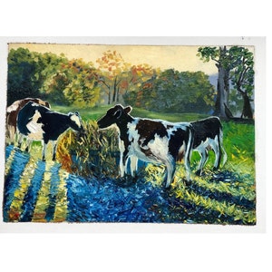 Cows On The Yard Original Oil Painting  Impasto Art 12 by 15 inches.
