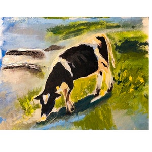 Colorful Cow on a Meadow Painting Original Oil Painting 10 by 12 inches.