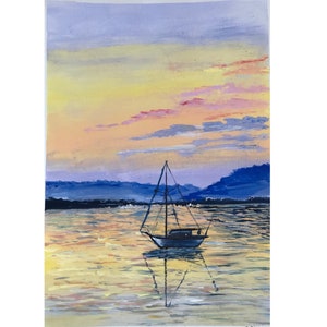 May include: A watercolour painting of a sailboat on the water at sunset. The sky transitions from yellow to pink and purple, with blue mountains in the background. The sailboat is reflected in the water.