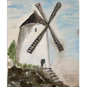 May include: Oil painting depicting a white windmill with black sails and a dark roof, set against a blue sky. The windmill stands on a rocky hill with a small tree to the left. The artwork is signed in the lower left corner.