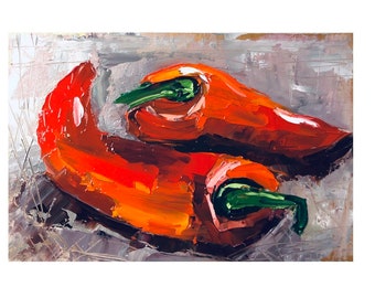 Nature morte de poivrons rouges, peinture originale à l'huile, empâtement de 6 pi sur 8 po.