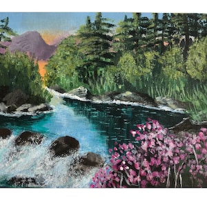 May include: A painting depicting a forest scene with a river flowing through it. The river is turquoise blue and has white rapids. There are green trees on both sides of the river and a purple mountain in the background. There are pink flowers in the foreground.