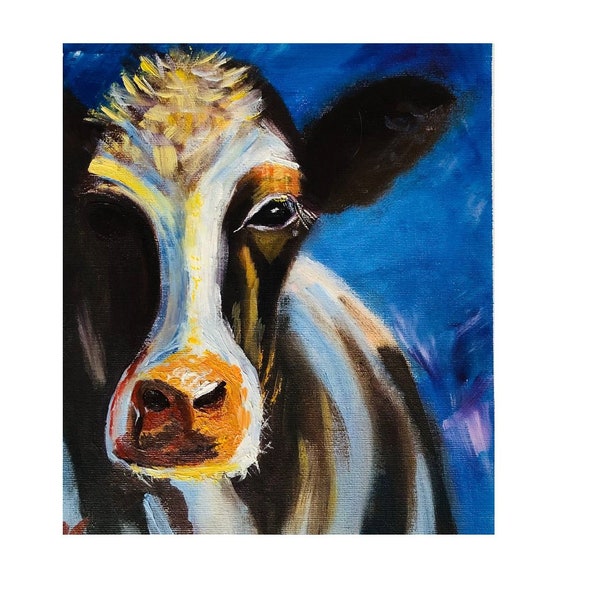 Peinture à l'huile originale de portrait de vache 11 x 10 pouces.