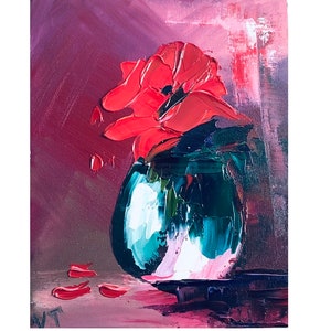 Abstract Scarlet Rose Original Oil Painting Impasto Art Work 10 by 8 inches.