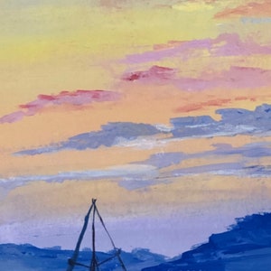 May include: An acrylic painting depicting a sunset with a sailboat. The sky transitions from yellow to pink and blue, with fluffy clouds. The foreground shows a dark blue silhouette of land and a sailboat.