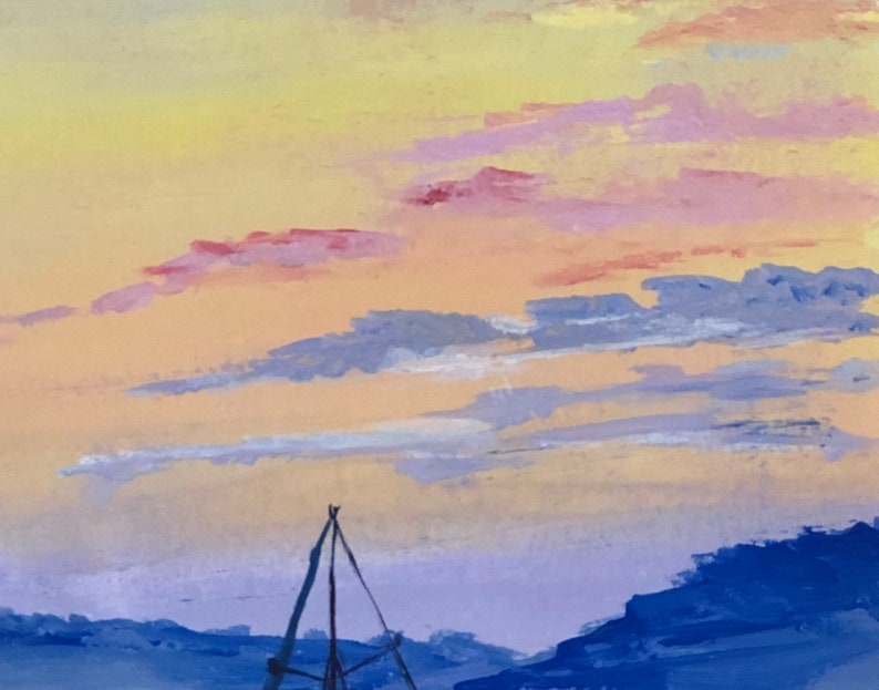 May include: An acrylic painting depicting a sunset with a sailboat. The sky transitions from yellow to pink and blue, with fluffy clouds. The foreground shows a dark blue silhouette of land and a sailboat.