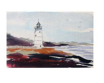 Lighthouse Painting Original Watercolor Art 5 by 8 inches.