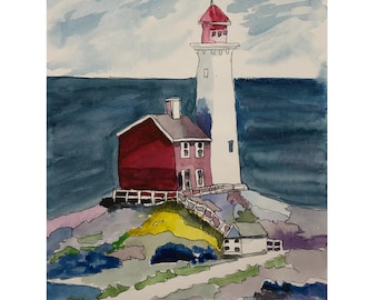 Dipinto ad acquerello originale di un cottage rosso con vista sul mare e faro, 11' x 8'