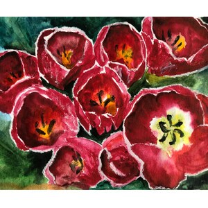 May include: A watercolour painting of a bunch of red tulips with white highlights. The tulips are arranged in a cluster, with some overlapping. The background is a dark green.