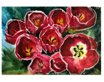 The Bouquet of Spring Tulips Painting Original Watercolour 8 by 11 inches.