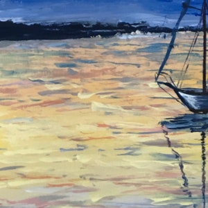 May include: An impressionistic painting of a sailboat on the water at sunset. The water reflects the warm colours of the sky, with a sailboat on the right side. The sky is a mix of blues and purples.