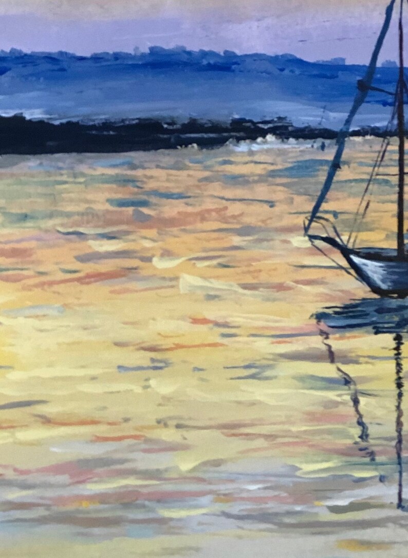 May include: An impressionistic painting of a sailboat on the water at sunset. The water reflects the warm colours of the sky, with a sailboat on the right side. The sky is a mix of blues and purples.
