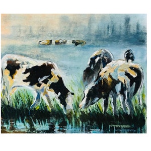 Cows In The Morning Mist Original Oil Painting  Impasto Art 10 by 11 inches.
