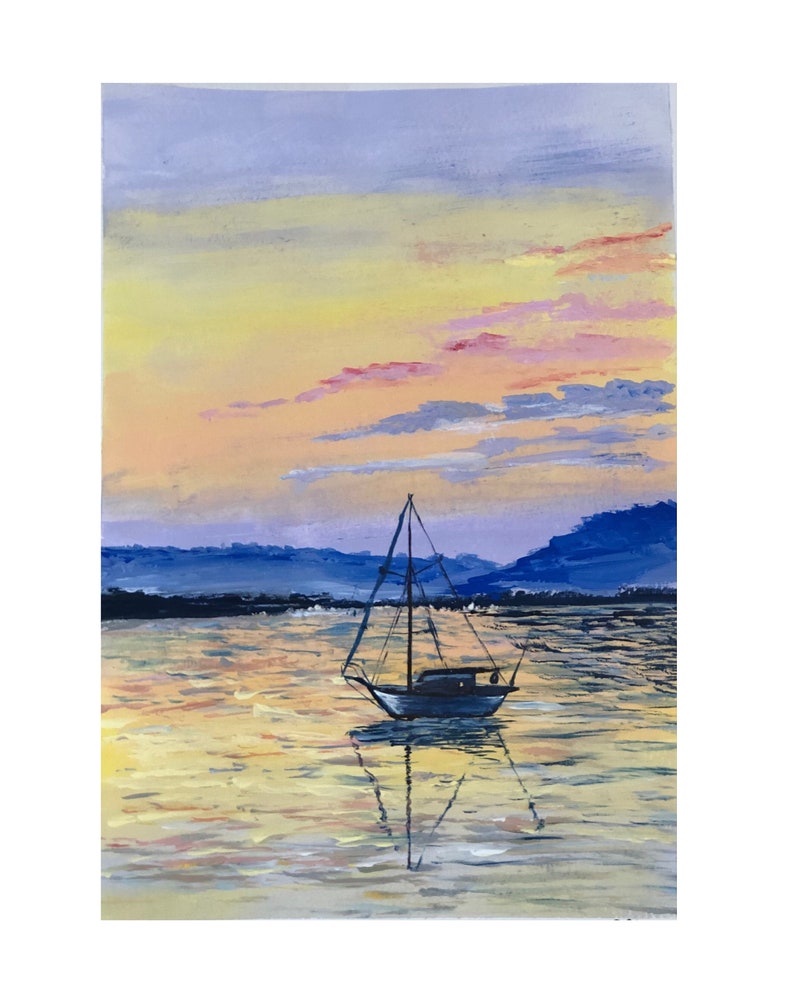 May include: Acrylic painting of a sailboat at sunset. The sky is a blend of yellow, pink, and purple, with the boat's reflection in the water. Mountains are visible in the background, creating a serene landscape.