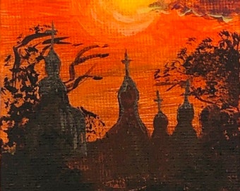 Tiny Original Acrylic Painting with Easel  Sunset Doll's House Decor 3'by4' inches