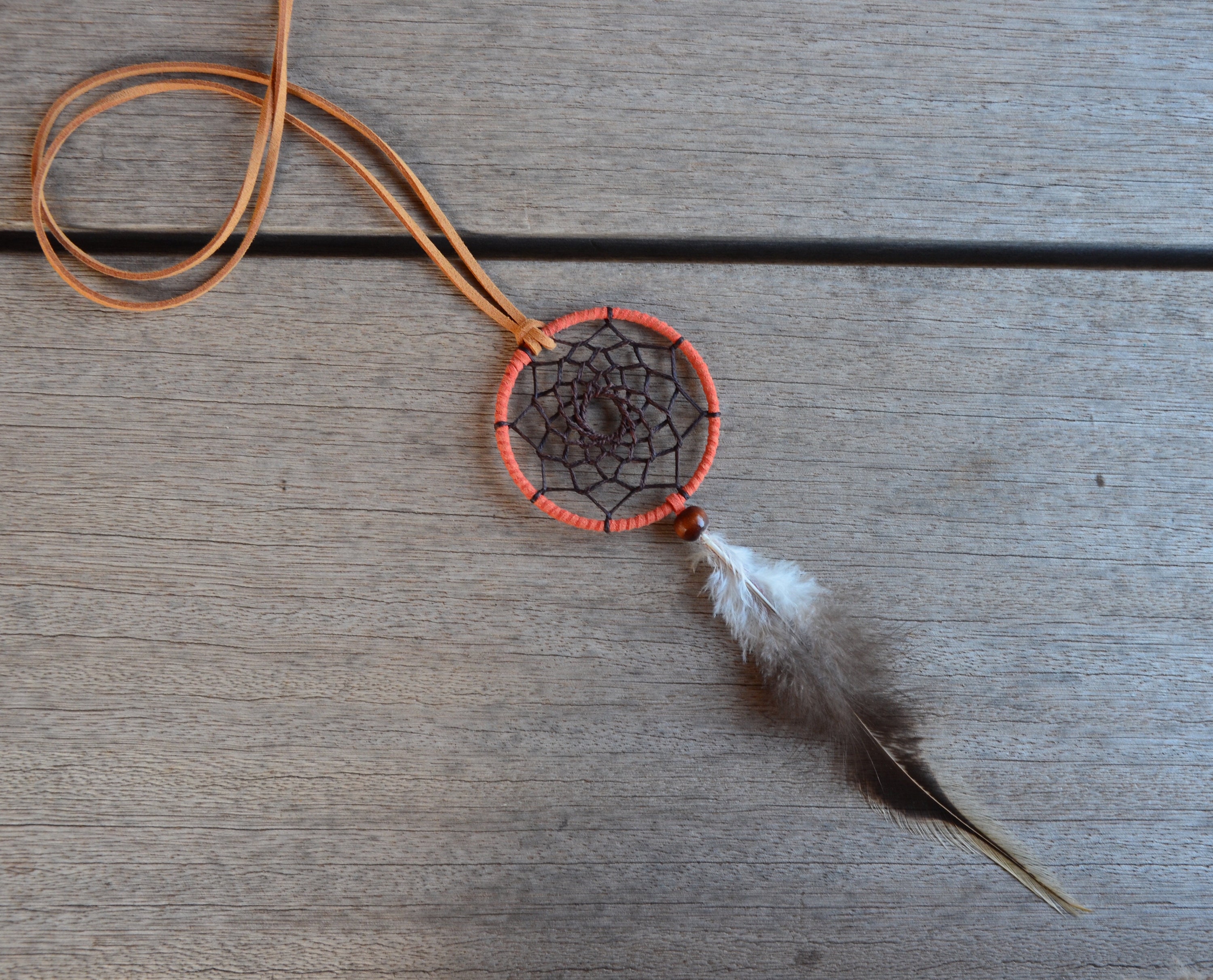 DC116 Orange Dreamcatcher Necklace Cotton Cord Feather Handmade Bohemian DC116 Orange Dreamcatcher Necklace Cotton Cord Feather Handmade Bohemian
