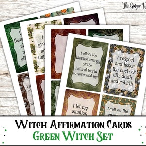 Cartões de afirmação de bruxa, conjunto de bruxa verde, páginas de grimório, páginas do livro das sombras, grimório para impressão, feitiçaria, cartas de bruxa, intenção