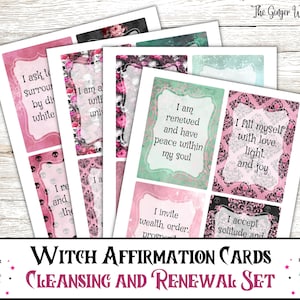 Cartes d'affirmation de la sorcière, lot de nettoyage et de renouvellement, pages du grimoire, pages du livre des ombres, grimoire imprimable, sorcellerie, cartes de sorcière