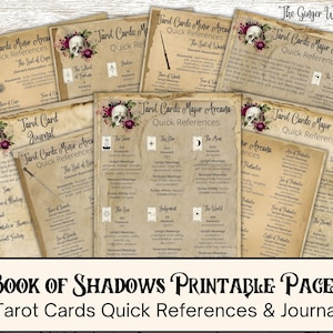 Paquete Libro de las Sombras, Hojas de Cartas del Tarot, Diario del Tarot, Páginas del Libro de las Sombras, Páginas Grimorio, Bruja Imprimible, Referencia Rápida del Tarot