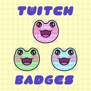 3 Cute Frog Twitch Badges / Green Blue and Pink / Streaming Assets / Emotes / Channel Points