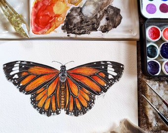 Papillon monarque orange, aquarelle originale