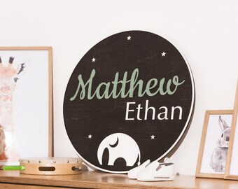 Elephant Baby Shower Decor, Round Wood Name Sign, Safari Nursery Decor, Gaming Room Decor, Custom Circle Sign