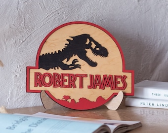 Dinosaur T-Rex Naam Teken, Naam teken voor jongens, Jurassic Periode, Dinosaur Nursery Decor Kids Slaapkamer Houten Deur Hanger, Ronde Houten Naam Teken