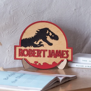 Dinosaur T-Rex Name Sign, Name sign for boys, Jurassic Period, Dinosaur Nursery Decor Kids Bedroom Wooden Door Hanger, Round Wood Name Sign