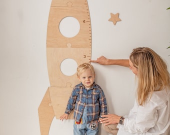 Kids Wooden Growth Height Chart Ruler, Space Theme Nursery Decor, Rocket Wooden Sign, Custom Christmas Gift