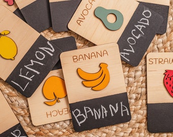 Fruits Flash Cards, Montessori Learning Preschool Flashcards, ADHD Kids Gifts Learning, Wooden Reading Flash Cards, Waldorf Wooden Toy