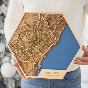 Carte topographique de la ville en bois 3D découpée au laser personnalisée, cadeau de la Saint-Valentin, cadeau pour mari / femme / petit ami / petite amie