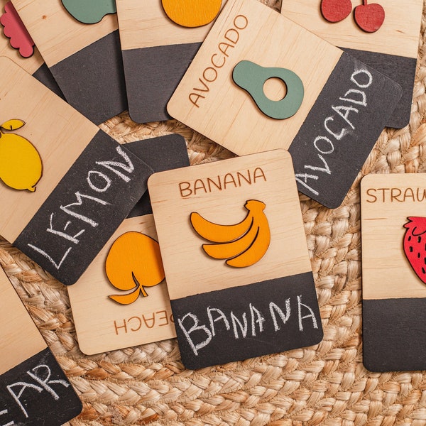 Fruits Flash Cards, Montessori Learning Preschool Flashcards, ADHD Kids Gifts Learning, Wooden Reading Flash Cards, Waldorf Wooden Toy