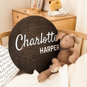 Round Wood Name Sign Neutral nursery decor Wooden name board Circle birthday sign Kids Room Wooden Wall Decor image 1