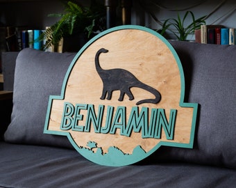 Dinosaur wall sign Nursery name sign Naming room decor Jungle nursery decor Jurassic park sign Boys name sign Baby shower Dinosaur theme
