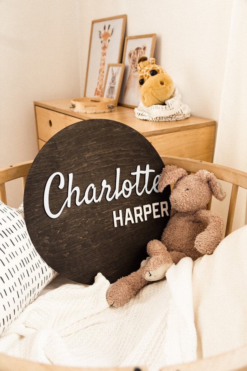 Round Wood Name Sign Neutral nursery decor Wooden name board image 1