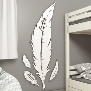Feather Wall Decor, Wooden Custom Growth Chart For Girl, Above Bed Boho Nursery Girl Decor, First Birthday Gift, Kids Height Chart
