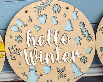 Seasonal Signs, Hello Winter / Spring / Summer / Fall Door Hanger, Wooden Round Door Welcome Sign