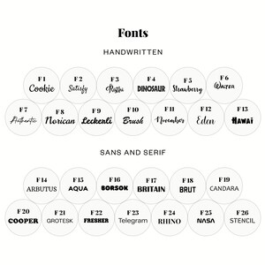 May include: A chart of 26 different fonts, labeled F1 through F26, with the font name below each number. The fonts are categorized as handwritten and sans serif.