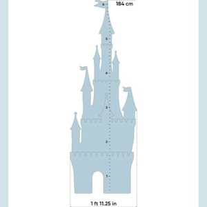 May include: A light blue castle-shaped growth chart with a white outline. The chart measures from 1 foot 11.25 inches to 6 feet 1.5 inches, with corresponding measurements in centimeters.