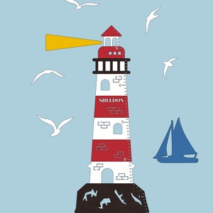 May include: A red and white lighthouse with a yellow beam of light, a black base, and a ruler on the side. The lighthouse is a growth chart with the name Sheldon on it. There are white seagulls flying around the lighthouse and a blue sailboat in the background.